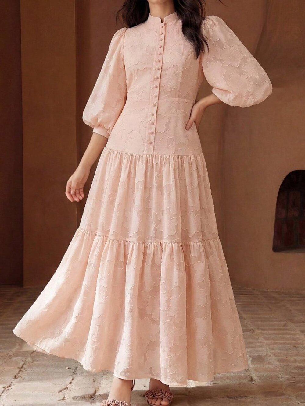 Pink Elegant Women's V-Neck Lantern Sleeve Textured Ditsy Floral Dress - Picture 4 of 7